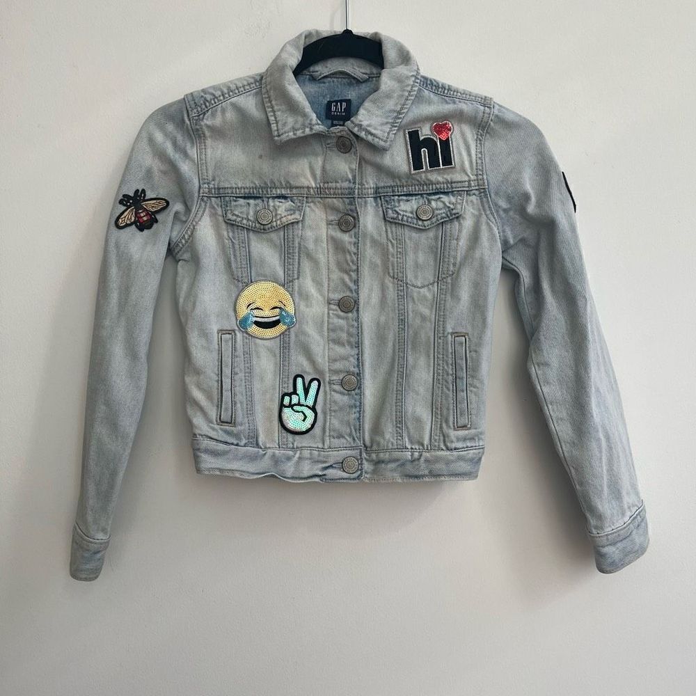 Gap Kids Button-Down Sequin Patches Denim Jacket Light Wash Blue Size M